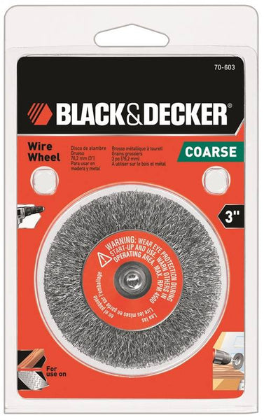 Black+Decker 70-603 Wire Wheel Brush, 3 in Dia, 10-32 in Arbor/Shank, Steel Bristle