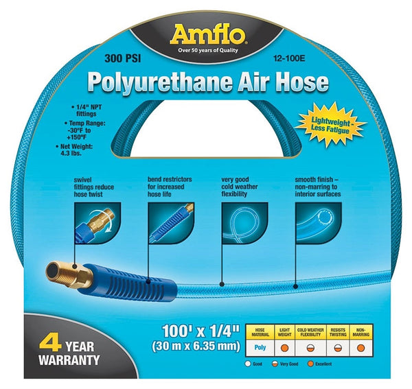 Amflo 12-100E Air Hose, 1/4 in OD, 100 ft L, MNPT, 300 psi Pressure, Polyurethane, Blue