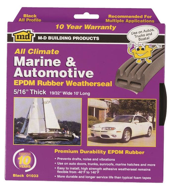M-D 01033 Weatherstrip Tape, 19/32 in W, 10 ft L, EPDM Rubber, Black