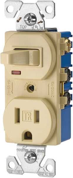 EATON TR274V Combination Switch, 1 -Pole, 15 A, 120/125 V, NEMA: NEMA 5-15R, Ivory