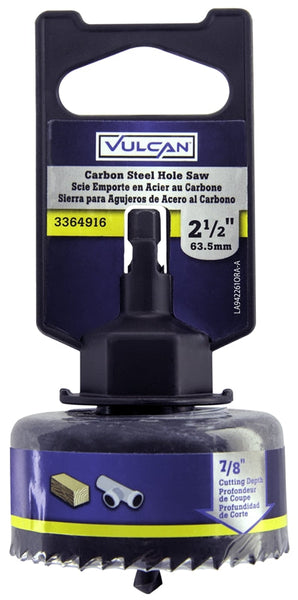 Vulcan 942261OR Hole Saw, 2-1/2 in Dia, 3/4 in D Cutting, 3 in Arbor, HCS Cutting Edge, 3 in Pilot Drill