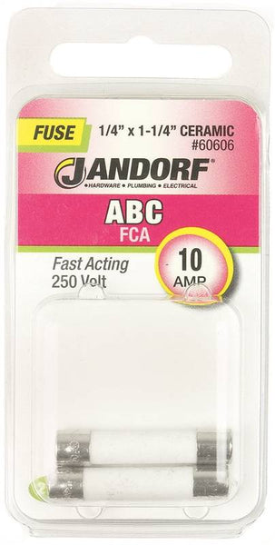 Jandorf 60606 Fast Acting Fuse, 10 A, 250 V, 200 A, 10 kA Interrupt, Ceramic Body