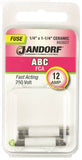 Jandorf 60607 Fast Acting Fuse, 12 A, 250 V, 750 A, 10 kA Interrupt, Ceramic Body