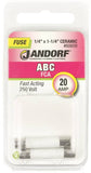 Jandorf 60609 Fast Acting Fuse, 20 A, 250 V, 400 A, 1000 A, 10 kA Interrupt, Ceramic Body