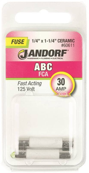 Jandorf 60611 Fast Acting Fuse, 30 A, 125 VDC, 200, 400, 1000 A Interrupt, Ceramic Body