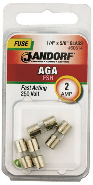 Jandorf 60614 Fast Acting Fuse, 2 A, 250 V, 100, 200 A Interrupt, Glass Body