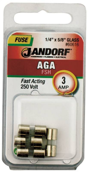 Jandorf 60616 Fast Acting Fuse, 3 A, 250 V, 100, 200 A Interrupt, Glass Body