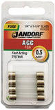 Jandorf 60624 Fast Acting Fuse, 0.5 A, 250 V, 35 A, 10 kA Interrupt, Glass Body