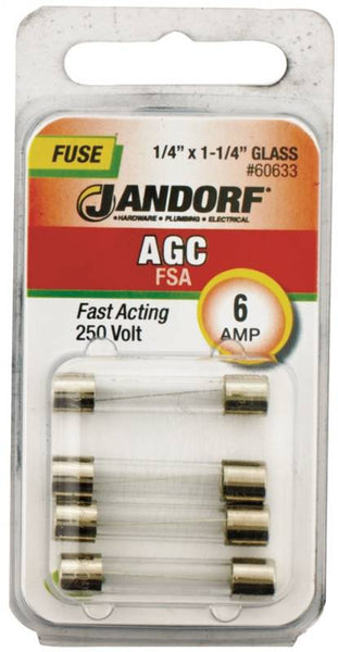 Jandorf 60633 Fast Acting Fuse, 6 A, 250 V, 200 A, 10 kA Interrupt, Glass Body