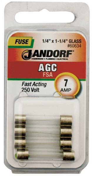 Jandorf 60634 Fast Acting Fuse, 7 A, 250 V, 200 A, 10 kA Interrupt, Glass Body