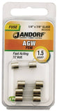 Jandorf 60644 Fast Acting Fuse, 1.5 A, 32 V, 10 kA Interrupt, Glass Body