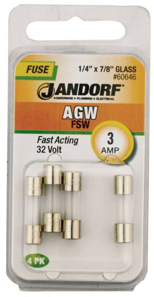 Jandorf 60646 Fast Acting Fuse, 3 A, 32 V, 10 kA Interrupt, Glass Body