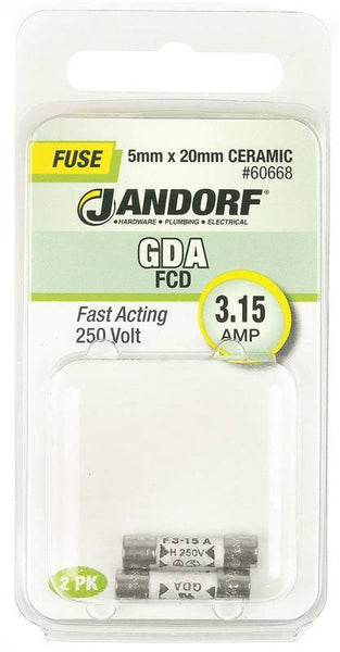 Jandorf 60668 Fast Acting Fuse, 3.15 A, 250 V, 1500 A Interrupt, Ceramic Body