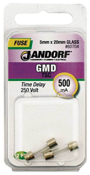 Jandorf 60704 Time Delay Fuse, 500 mA, 250 V, 35 A, 10 kA Interrupt, Glass Body