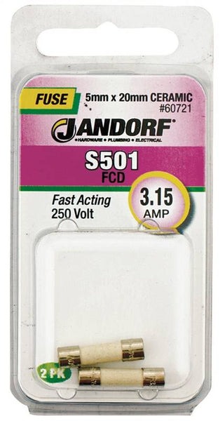 Jandorf 60721 Fast Acting Fuse, 3.15 A, 250 V, 1500 A Interrupt, Ceramic Body