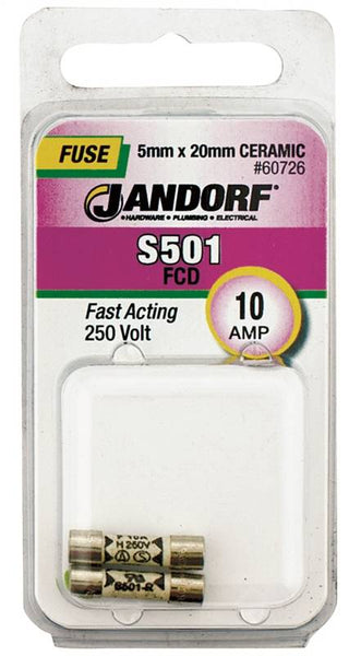 Jandorf 60726 Fast Acting Fuse, 10 A, 250 V, 1500 A Interrupt, Ceramic Body