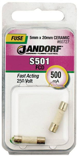 Jandorf 60727 Fast Acting Fuse, 500 mA, 250 V, 1500 A Interrupt, Ceramic Body