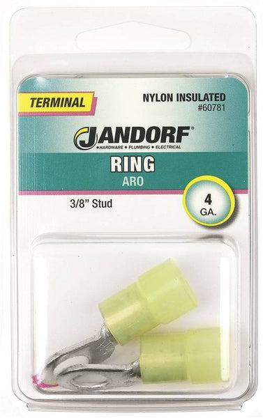 Jandorf 60781 Ring Terminal, 4 AWG Wire, 3/8 in Stud, Nylon Insulation, Copper Contact, Yellow