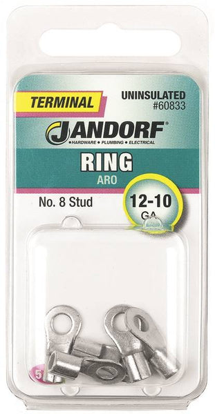 Jandorf 60833 Ring Terminal, 12 to 10 AWG Wire, #8 Stud, Copper Contact