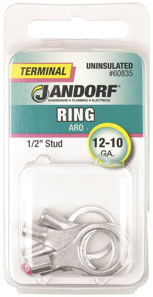 Jandorf 60835 Ring Terminal, 12 to 10 AWG Wire, 1/2 in Stud, Copper Contact