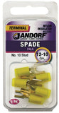 Jandorf 60841 Spade Terminal, 600 V, 12 to 10 AWG Wire, #10 Stud, Nylon Insulation, Copper Contact, Yellow