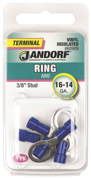 Jandorf 60909 Ring Terminal, 16 to 14 AWG Wire, 3/8 in Stud, Vinyl Insulation, Copper Contact, Blue