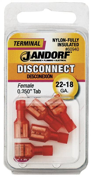 Jandorf 60940 Disconnect Terminal, 22 to 18 AWG Wire, Nylon Insulation, Copper Contact, Red