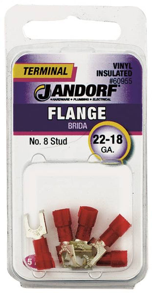 Jandorf 60955 Spade Terminal, 22 to 18 AWG Wire, #8 Stud, Vinyl Insulation, Copper Contact, Red