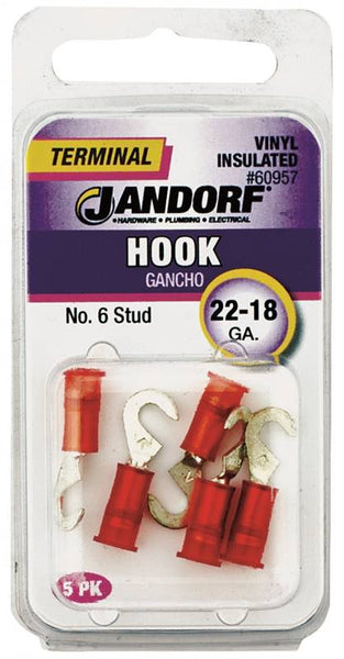 Jandorf 60957 Hook Terminal, 22 to 18 AWG Wire, #6 Stud, Vinyl Insulation, Red