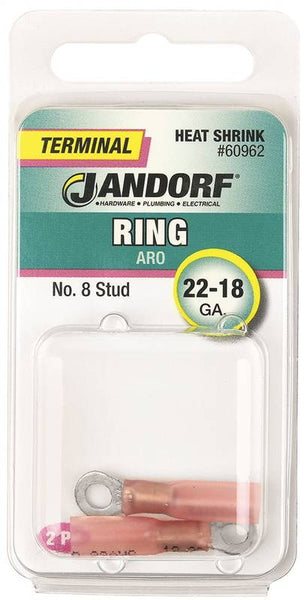 Jandorf 60962 Ring Terminal, 22 to 18 AWG Wire, #8 Stud, Copper Contact, Pink