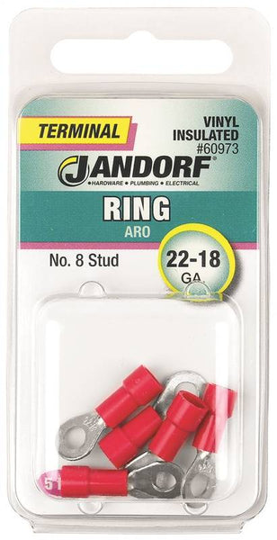 Jandorf 60973 Ring Terminal, 22 to 18 AWG Wire, #8 Stud, Vinyl Insulation, Copper Contact, Red