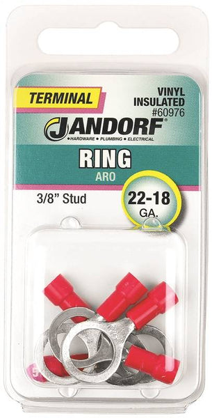 Jandorf 60976 Ring Terminal, 22 to 18 AWG Wire, 3/8 in Stud, Vinyl Insulation, Copper Contact, Red