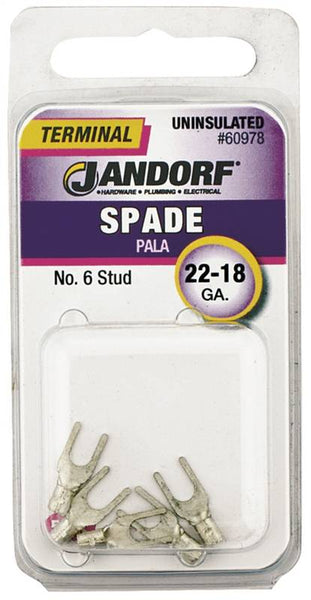 Jandorf 60978 Spade Terminal, 600 V, 22 to 18 AWG Wire, #6 Stud, Copper Contact