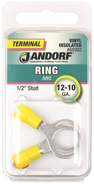 Jandorf 60992 Ring Terminal, 12 to 10 AWG Wire, 1/2 in Stud, Vinyl Insulation, Copper Contact, Yellow