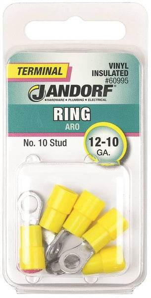 Jandorf 60995 Ring Terminal, 12 to 10 AWG Wire, #10 Stud, Vinyl Insulation, Copper Contact, Yellow