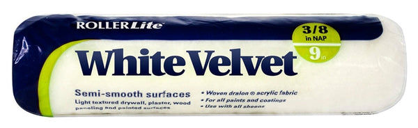 RollerLite White Velvet 9WV038 Roller Cover, 3/8 in Thick Nap, 9 in L, Dralon Cover, White