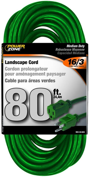 PowerZone Extension Cord, 16 AWG Cable, 80 ft L, 10 A, 125 V, Green