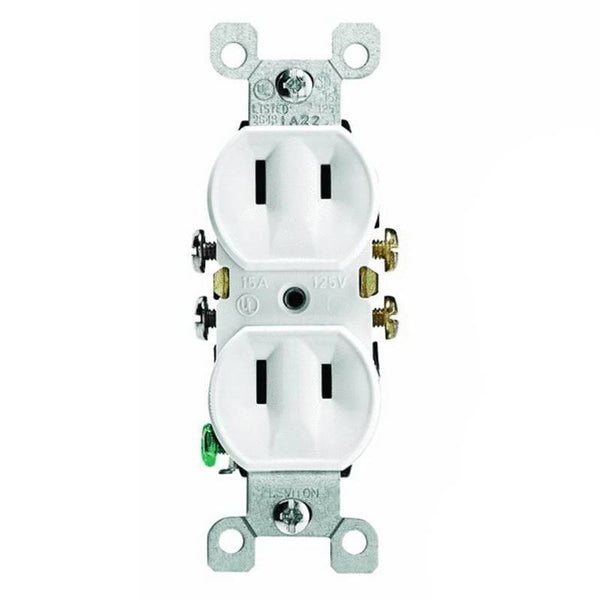 Leviton 008-00223-00W Duplex Receptacle, 2 -Pole, 15 A, 125 V, Side Wiring, NEMA: 5-15R, White