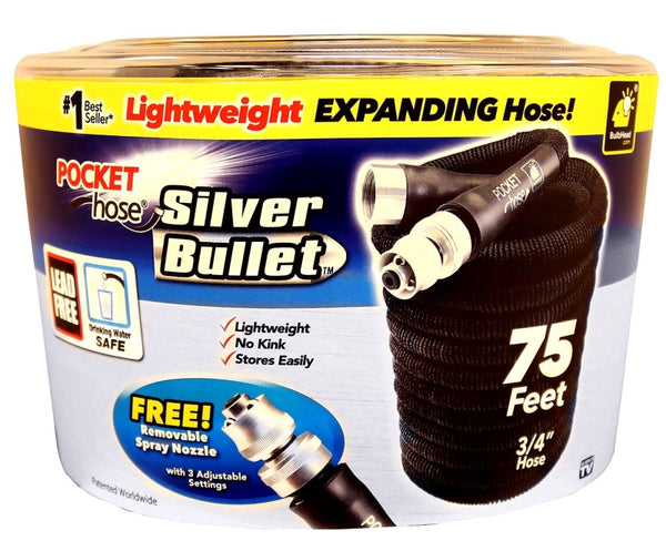 POCKET hose Silver Bullet 13489-12 Expanding Garden Hose, 3/4 in, 75 ft L, Plastic, Black
