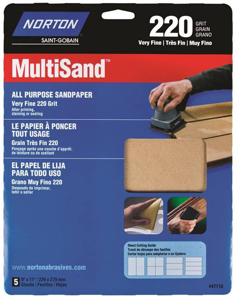 NORTON MultiSand 07660747710 Sanding Sheet, 11 in L, 9 in W, Very Fine, 220 Grit, Aluminum Oxide Abrasive