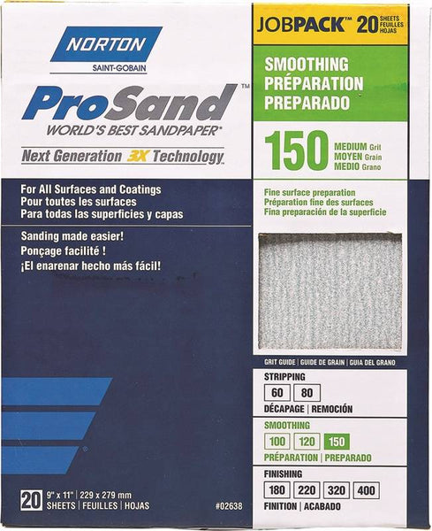 NORTON ProSand 07660768171 Sanding Sheet, 11 in L, 9 in W, Medium, 150 Grit, Aluminum Oxide Abrasive