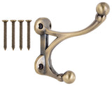ProSource H-014-AB Coat and Hat Hook, 33 lb, 2-Hook, 1-1/2 in Opening, Zinc, Antique Brass