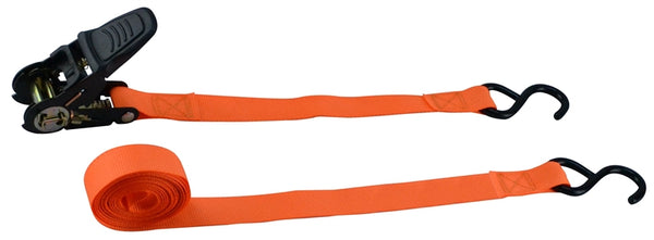 ProSource FH64070 Tie-Down, 1 in W, 13 ft L, Polyester Webbing, Metal Ratchet, Orange, 300 lb, S-Hook End Fitting