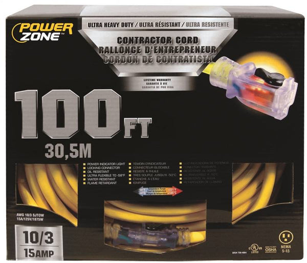 PowerZone Contractor Cord, 10 AWG Cable, 100 ft L, 15 A, 125 V, Yellow