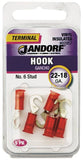 Jandorf 60957 Hook Terminal, 22 to 18 AWG Wire, #6 Stud, Vinyl Insulation, Red