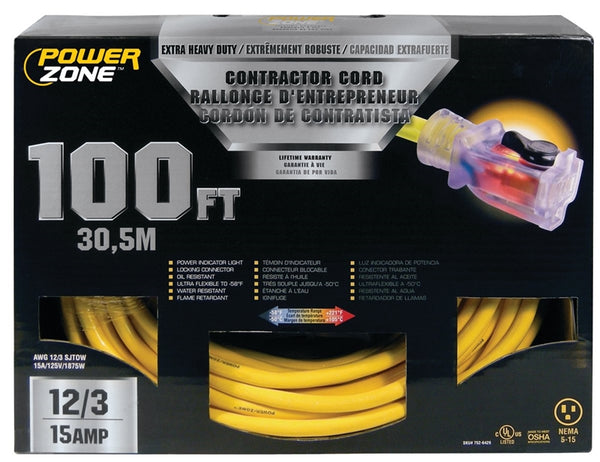 PowerZone Contractor Cord, 12 AWG Cable, 100 ft L, 15 A, 125 V, Yellow