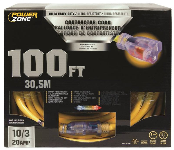 PowerZone Contractor Cord, 10 AWG Cable, 100 ft L, 20 A, 125 V, Yellow