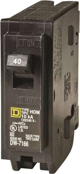 Square D Homeline HOM140CP Circuit Breaker, Mini, 40 A, 1 -Pole, 120 V, Fixed Trip, Plug Mounting, Black