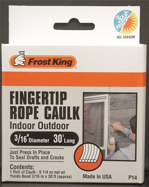 Frost King P14H Fingertip Rope Caulk, 30 ft L, Vinyl, Gray