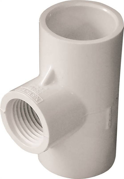 LASCO 402101BC Reducing Pipe Tee, 3/4 x 1/2 in, Slip x FPT, PVC, White, SCH 40 Schedule, 450 psi Pressure